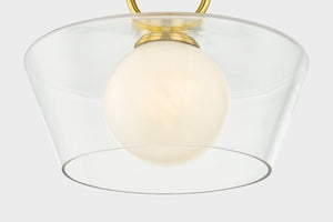 Elmsford Semi Flush in aged brass shown from the front to reveal the shade profile and mounting canopy.
