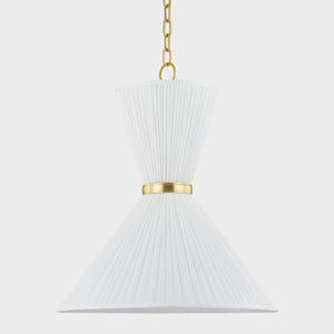 Enid Pendant 22" in aged brass shown from a second angle to highlight the shade shape and metal detail.