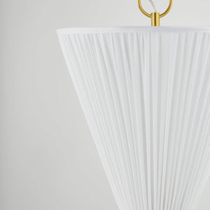 Enid Pendant 30" in aged brass shown from a second angle to highlight the shade shape and metal detail.