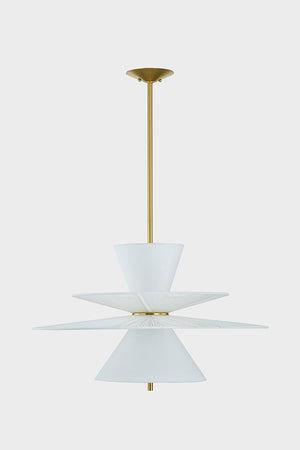 Esperance Pendant in aged brass shown from a second angle to highlight the shade shape and metal detail.