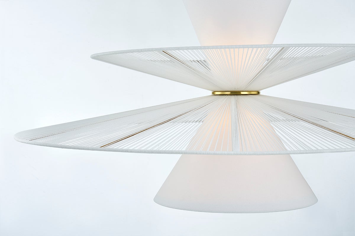 Close-up of the Esperance Chandelier in aged brass showing the frame, arms, and shade detail.
