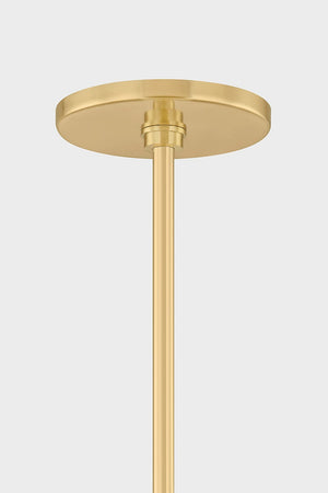 George Pendant 30" in aged brass shown from a second angle to highlight the shade shape and metal detail.