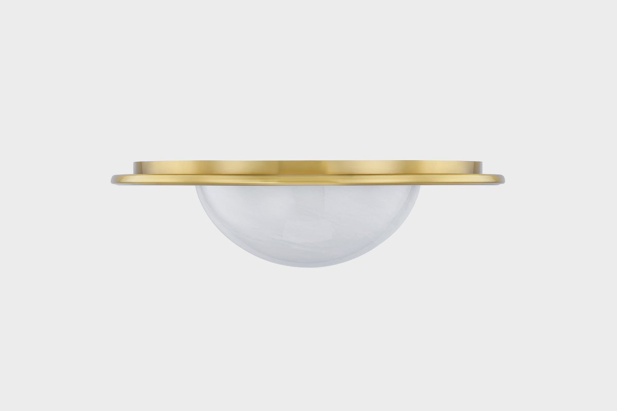 Geraldton Flush Mount 15.75" in aged brass shown from the front to reveal the shade profile and mounting canopy.