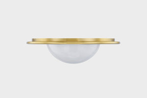Geraldton Flush Mount 15.75" in aged brass shown from the front to reveal the shade profile and mounting canopy.