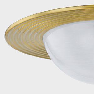Close-up of the Geraldton Flush Mount 21" in aged brass showing the shade profile and mounting canopy.