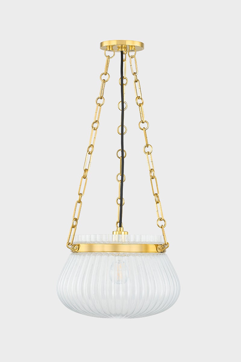 Granby Pendant 13" in aged brass shown from the front to reveal the shade shape and metal detail.