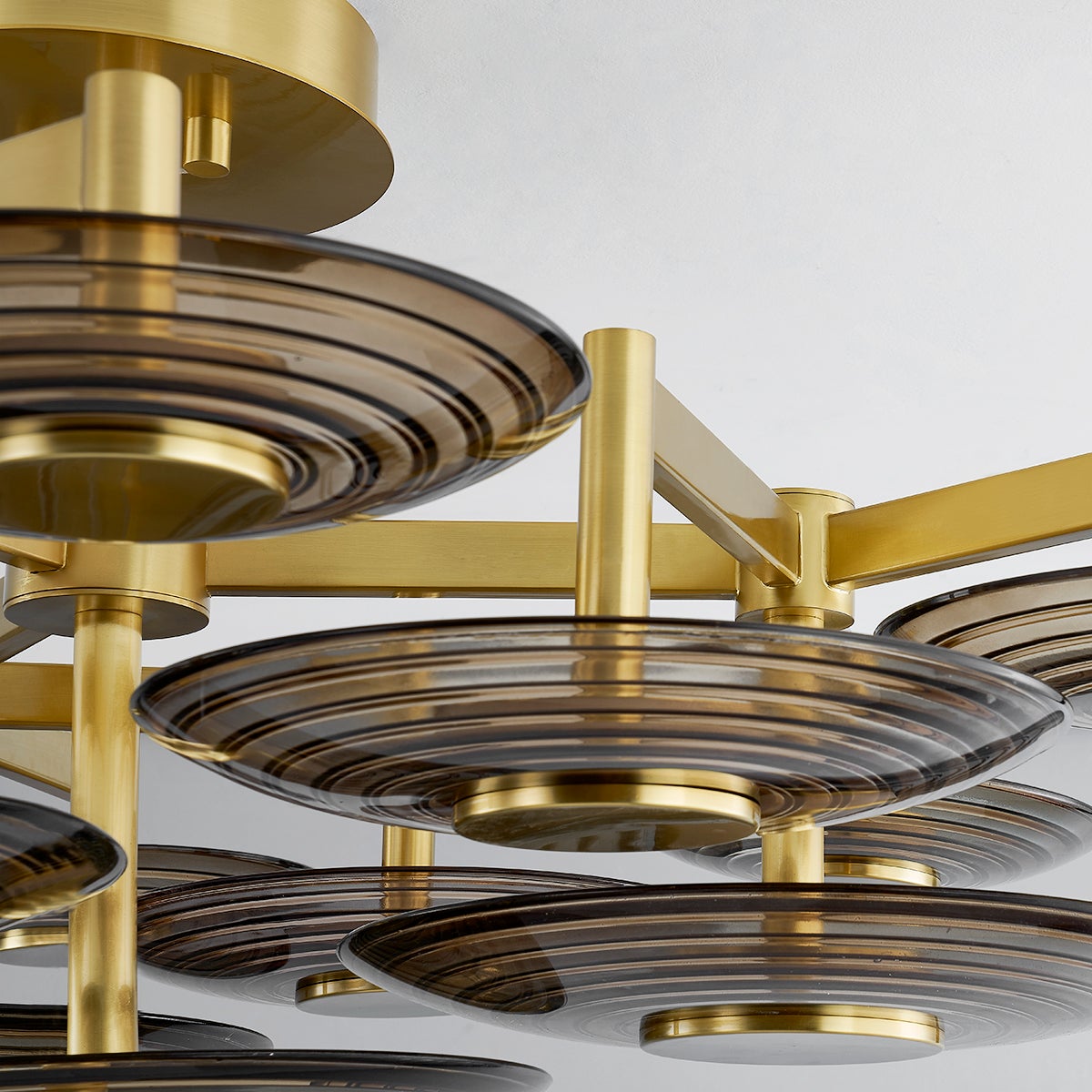 Griston Semi Flush 44" in aged brass shown from a second angle to highlight the shade profile and mounting canopy.