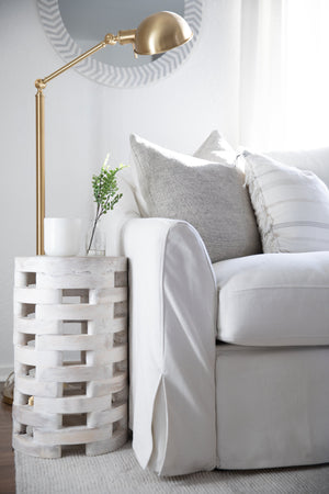 Girard Floor Lamp styled in a living room corner for warm, layered light at Laurie Yapp Home.