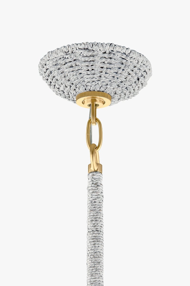 Hampstead Pendant 20" in aged brass shown from a second angle to highlight the shade shape and metal detail.