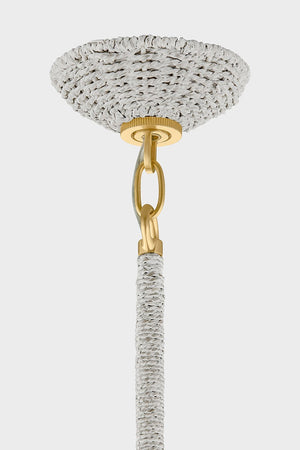 Hampstead Pendant 28" in aged brass shown from a second angle to highlight the shade shape and metal detail.