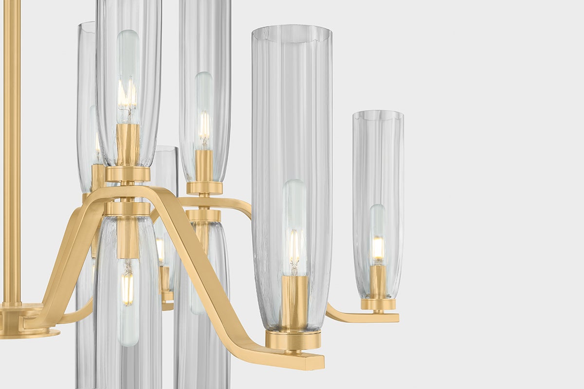 Harpswell Chandelier 43" in aged brass shown from the front to reveal the frame, arms, and shade detail.