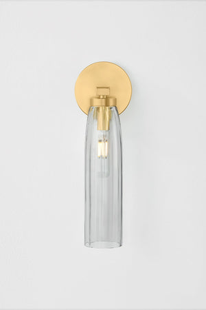 Harpswell Bath And Vanity 4.75" x 14.25" in aged brass shown from a second angle to highlight the arm spread and shade silhouette.