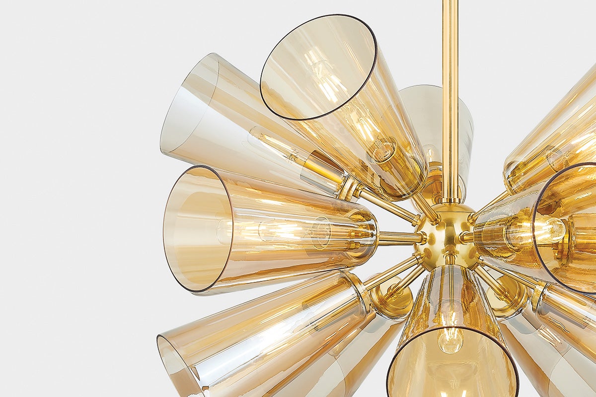Hartwood Chandelier 32" in aged brass shown from the front to reveal the frame, arms, and shade detail.