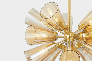 Hartwood Chandelier 32" in aged brass shown from the front to reveal the frame, arms, and shade detail.