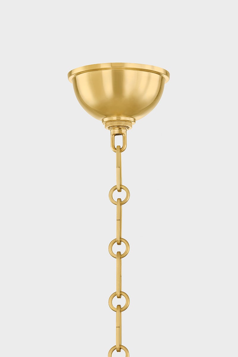 Howard Chandelier 32.75" x 23" in aged brass shown from the front to reveal the frame, arms, and shade detail.