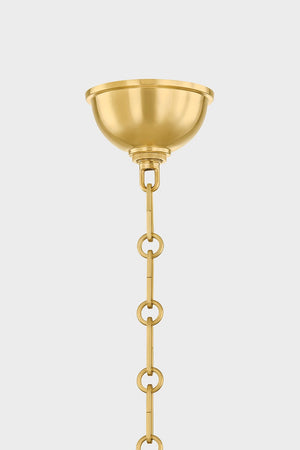 Howard Chandelier 32.75" x 23" in aged brass shown from the front to reveal the frame, arms, and shade detail.