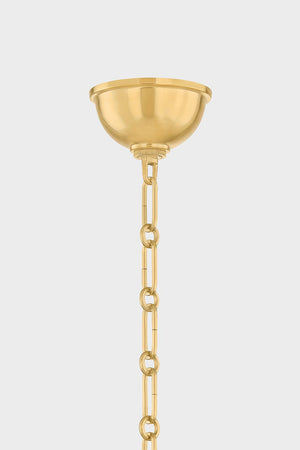 Howard Chandelier 50" x 26" in aged brass shown from the front to reveal the frame, arms, and shade detail.