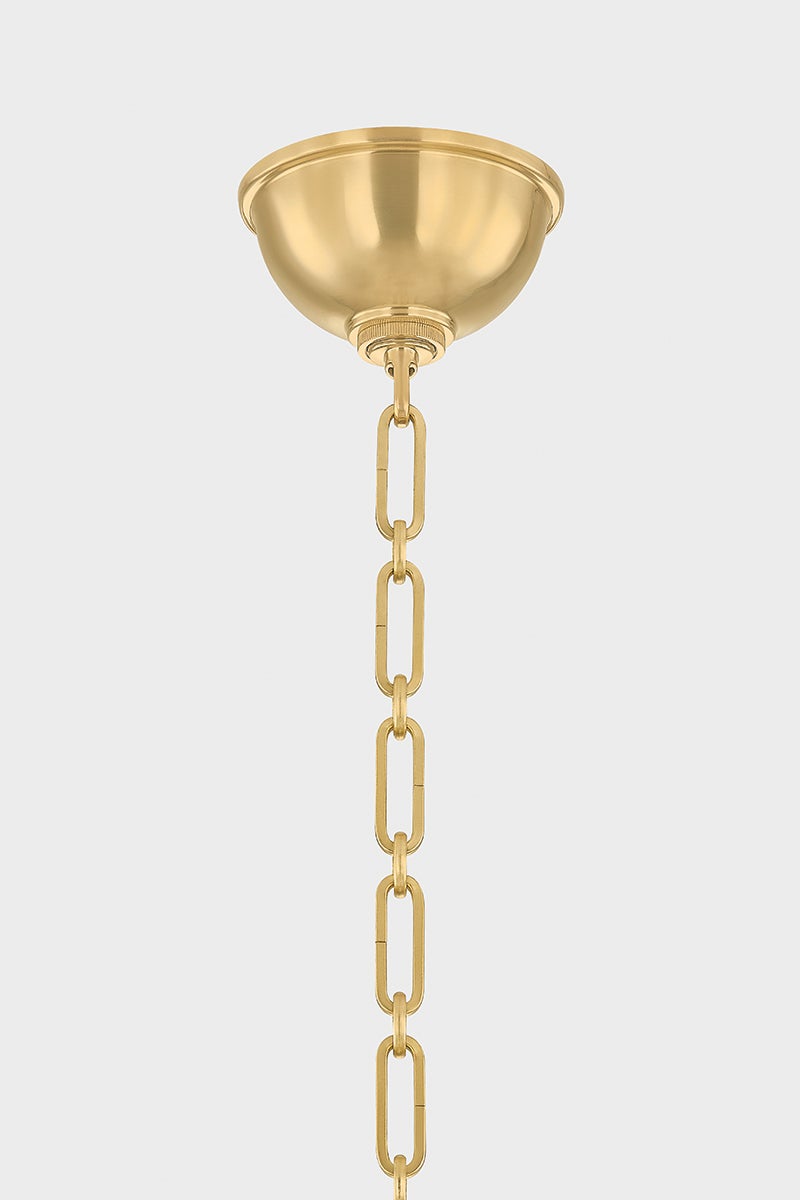 Howard Chandelier 50" x 35.75" in aged brass shown from the front to reveal the frame, arms, and shade detail.