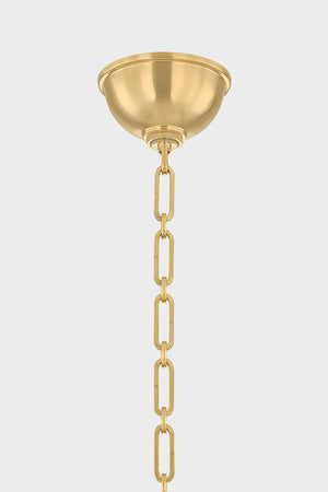 Howard Chandelier 50" x 35.75" in aged brass shown from the front to reveal the frame, arms, and shade detail.
