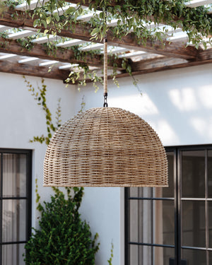 Huxley Exterior Pendant 34" styled in a bright kitchen for warm, layered light at Laurie Yapp Home.