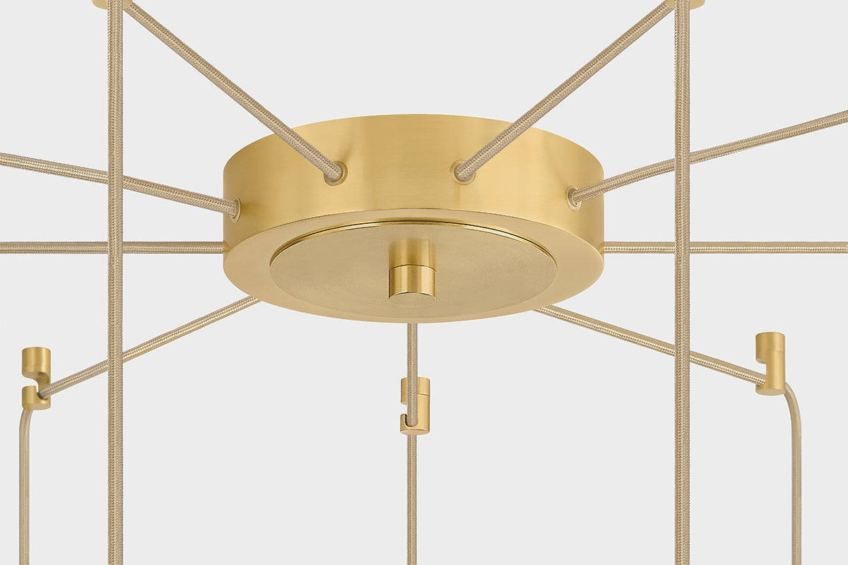 Ironwood Chandelier 30" x 38.25" in aged brass shown from a second angle to highlight the frame, arms, and shade detail.