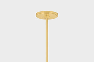 Johnson Chandelier in aged brass shown from a second angle to highlight the frame, arms, and shade detail.