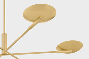 Johnson Chandelier in aged brass shown from the front to reveal the frame, arms, and shade detail.