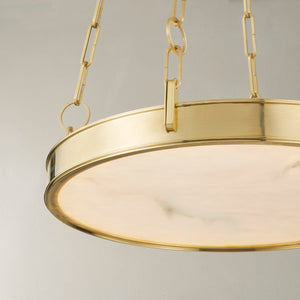 Kirby Chandelier 20" x 3.5" in aged brass shown from the front to reveal the frame, arms, and shade detail.