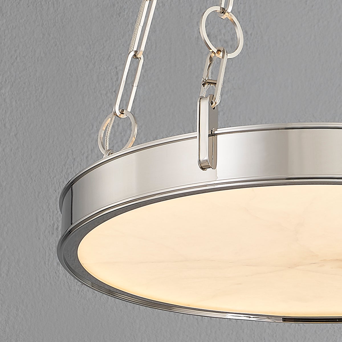 Close-up of the Kirby Chandelier 20" x 3.5" in polished nickel showing the frame, arms, and shade detail.