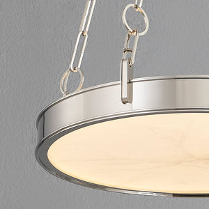 Close-up of the Kirby Chandelier 20" x 3.5" in polished nickel showing the frame, arms, and shade detail.