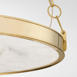Close-up of the Kirby Chandelier 30" x 3.5" in aged brass showing the frame, arms, and shade detail.