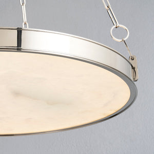 Close-up of the Kirby Chandelier 30" x 3.5" in polished nickel showing the frame, arms, and shade detail.