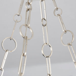 Close-up of the Kirby Chandelier 30" x 3.5" in polished nickel showing the frame, arms, and shade detail.