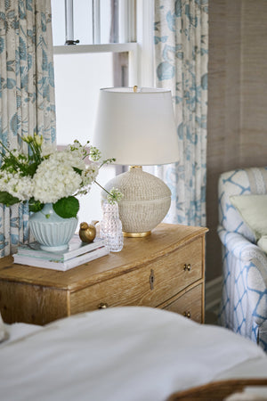 Katonah Table Lamp styled in a bedroom nightstand for warm, layered light at Laurie Yapp Home.