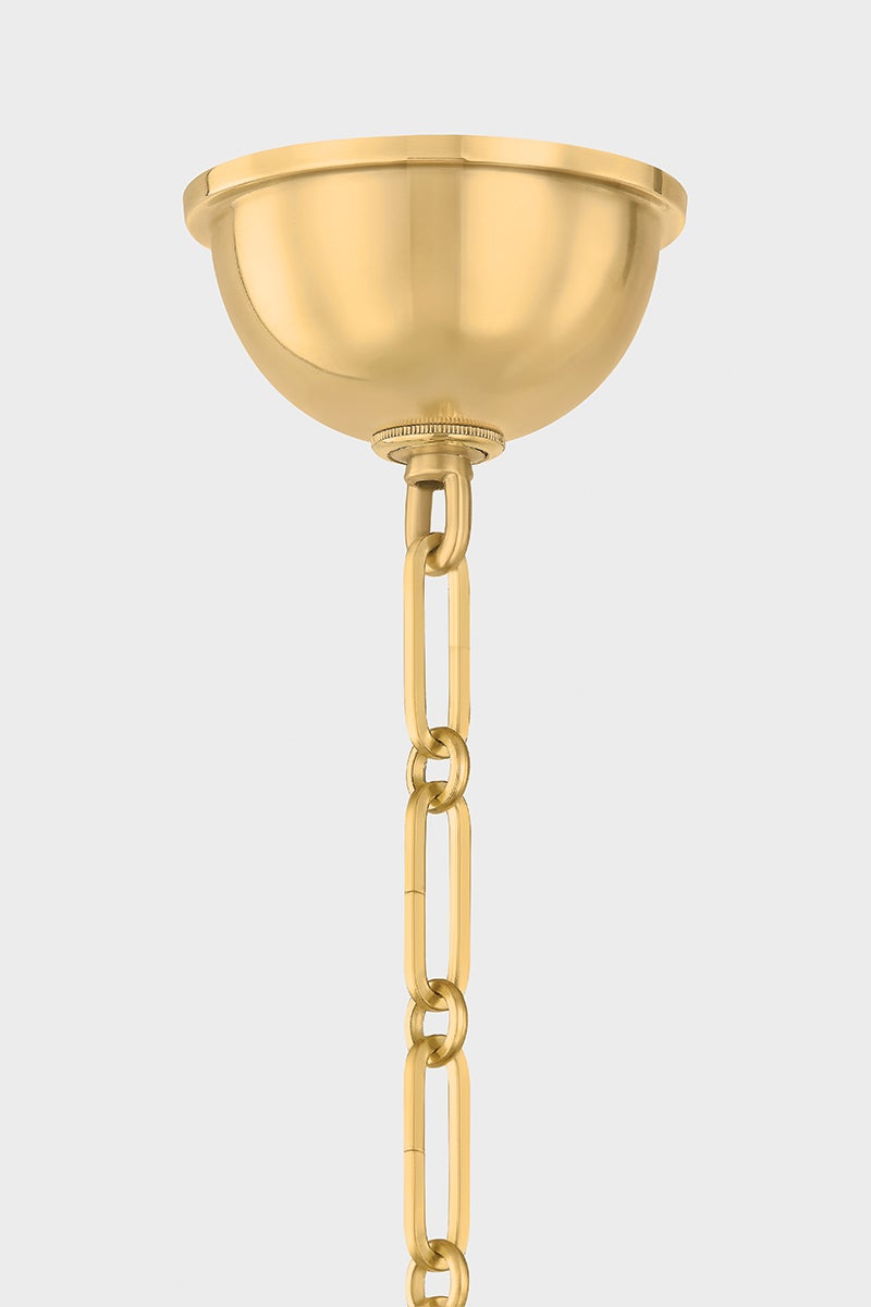Kensington Pendant 10" in aged brass shown from a second angle to highlight the shade shape and metal detail.