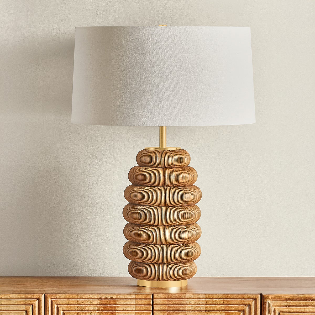 Winbrook Table Lamp in aged brass shown from a second angle to highlight the base and shade proportions.