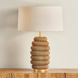Winbrook Table Lamp in aged brass shown from the front to reveal the base and shade proportions.