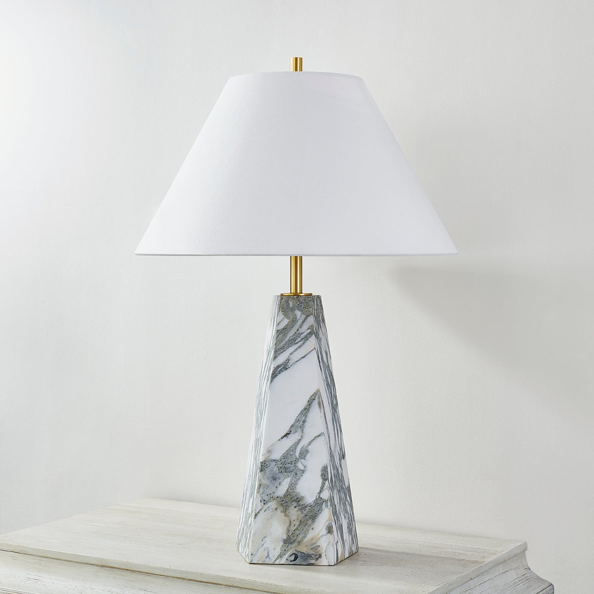 Close-up of the Benicia Table Lamp in aged brass showing the base and shade proportions.