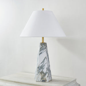 Close-up of the Benicia Table Lamp in aged brass showing the base and shade proportions.