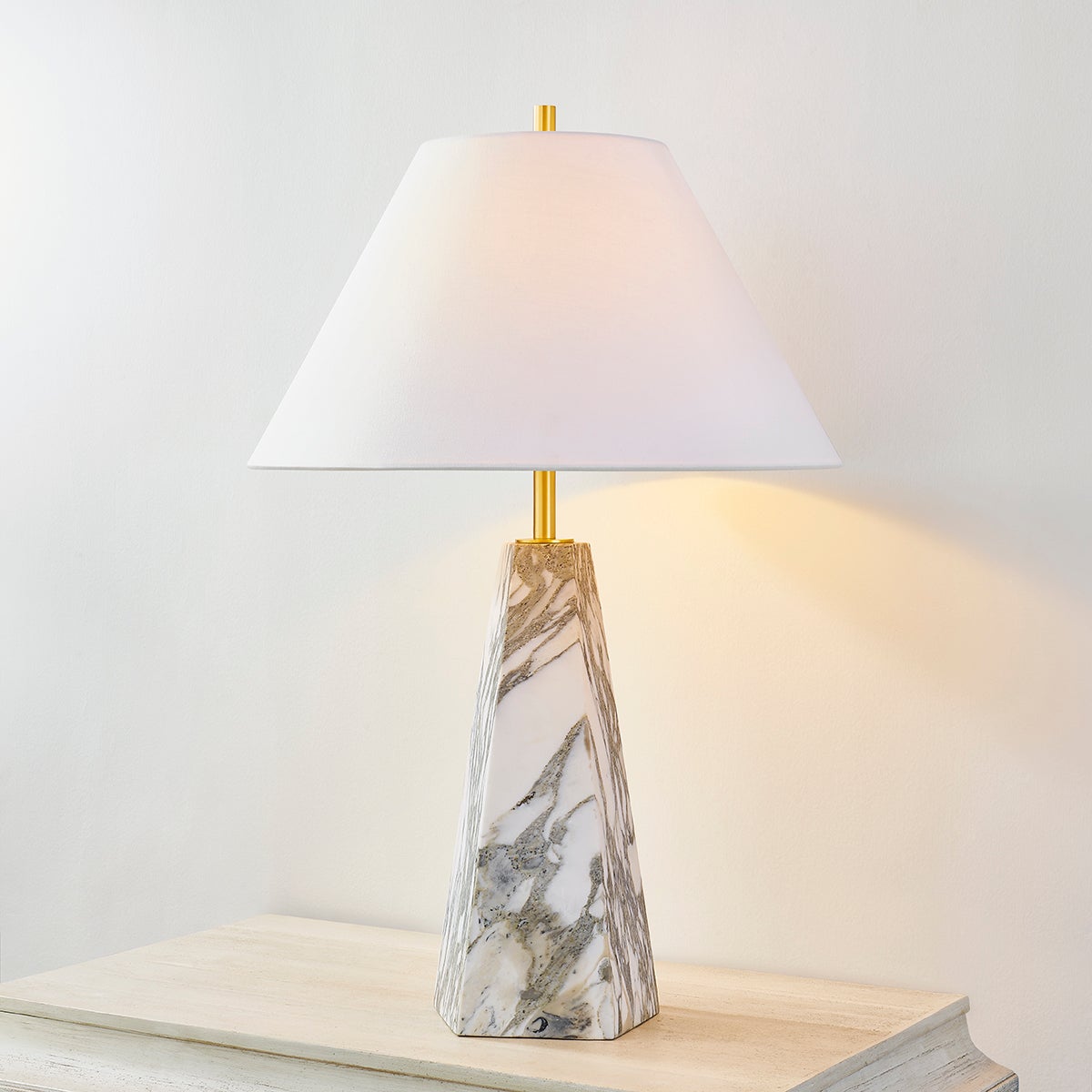 Close-up of the Benicia Table Lamp in aged brass showing the base and shade proportions.