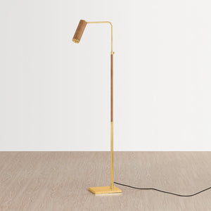 Narragansett Floor Lamp in aged brass shown from the front to reveal the stem, base, and shade proportions.