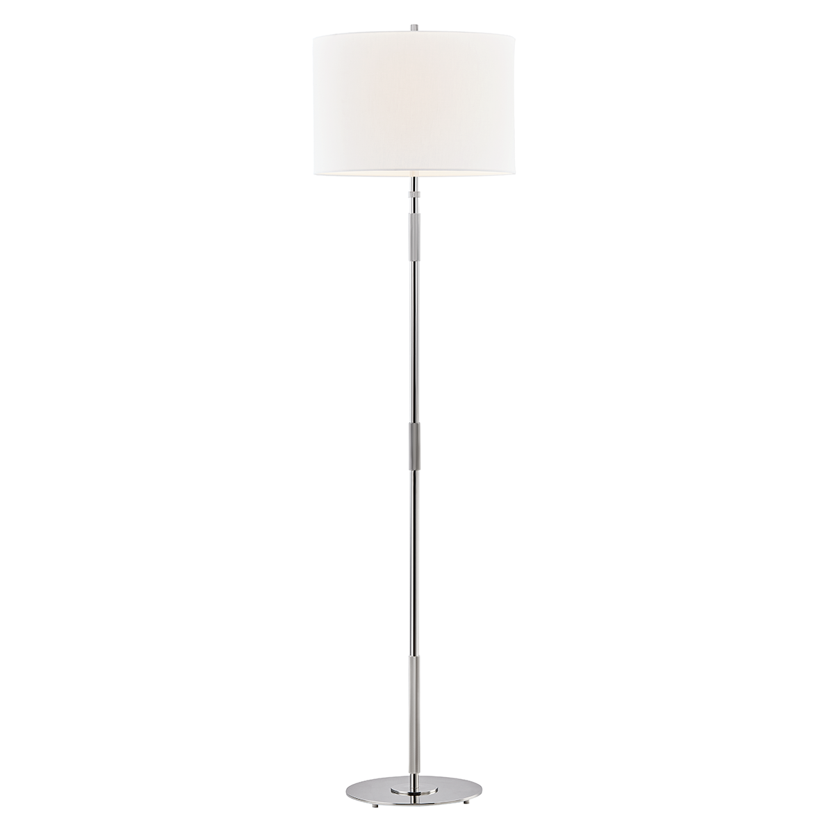 Bowery Floor Lamp in polished nickel shown from a second angle to highlight the stem, base, and shade proportions.