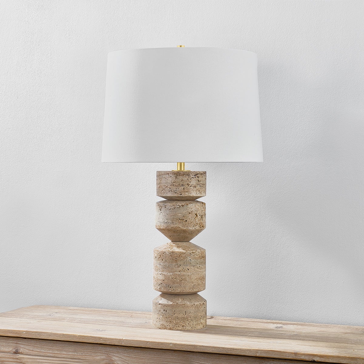 Galeville Table Lamp in aged brass shown from a second angle to highlight the base and shade proportions.