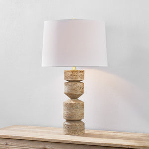 Galeville Table Lamp in aged brass shown from the front to reveal the base and shade proportions.