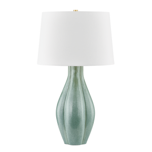 Galloway Table Lamp in aged brass shown from a second angle to highlight the base and shade proportions.