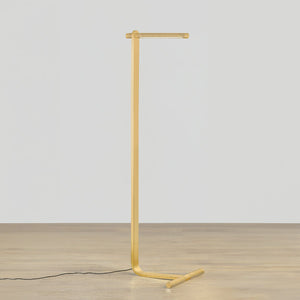 Deptford Floor Lamp in aged brass shown from a second angle to highlight the stem, base, and shade proportions.