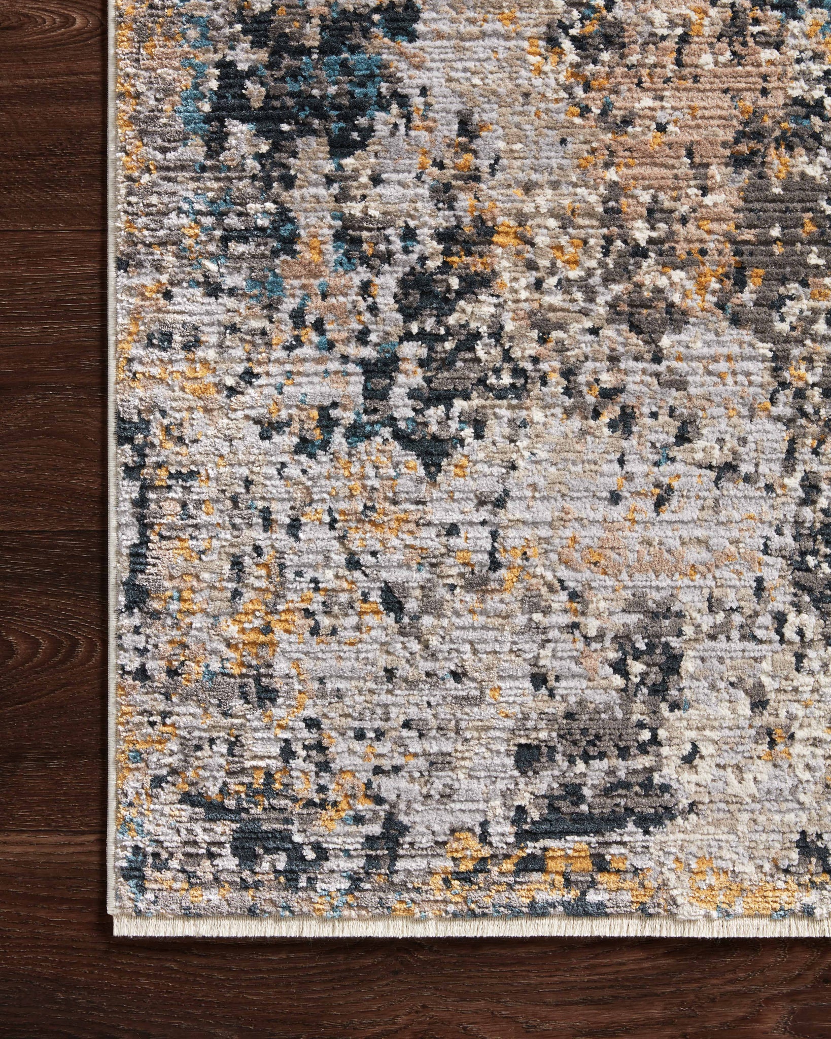 Side view of the Leigh Silver / Multi rug.