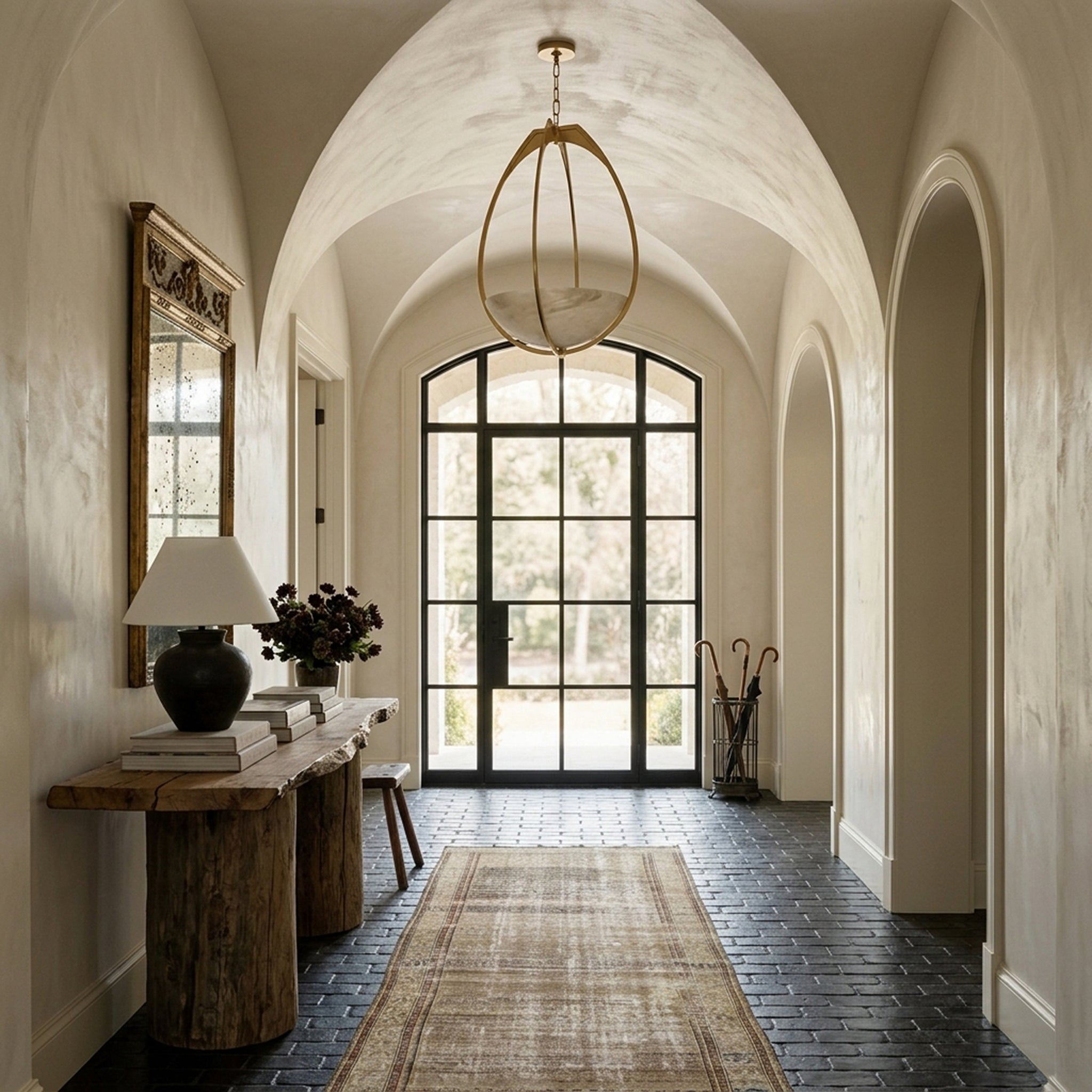 Lloyd Pendant 18.5" in aged brass styled in a welcoming entryway for warm, layered light at Laurie Yapp Home.