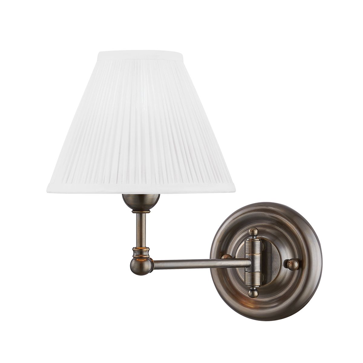 Classic No.1 Wall Sconce 7.5" x 10.5" in Aged Brass shown from a second angle to highlight the arm curve and shade silhouette.