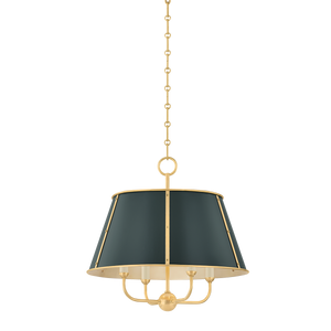 Close-up of the Cambridge Chandelier 20.25" in aged brass showing the frame, arms, and shade detail.